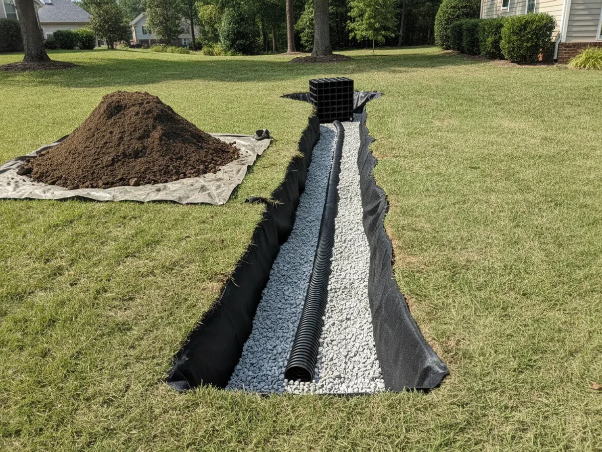 A dry-well and gravel drainage system being installed in a yard