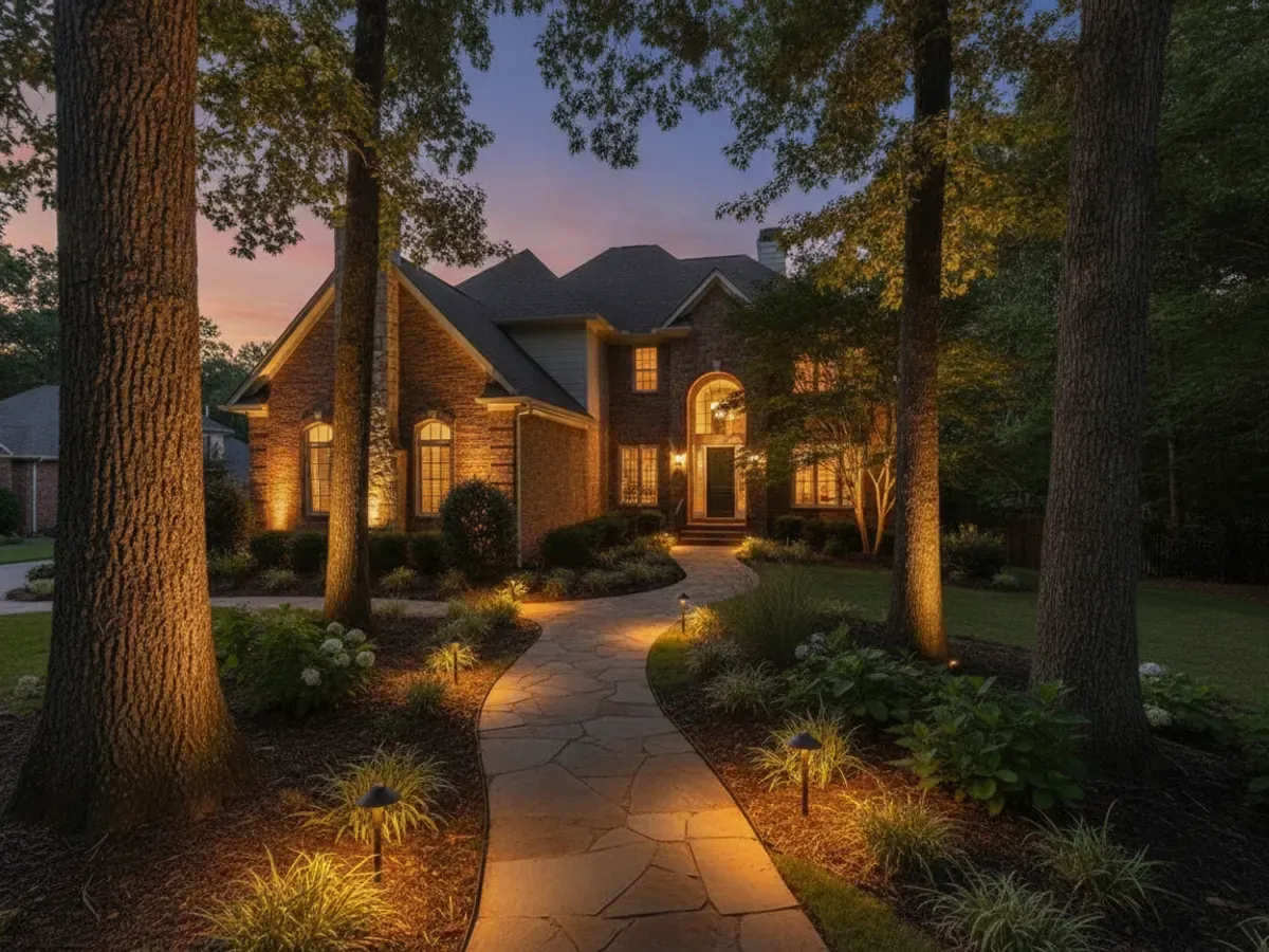 A landscape lit with warm path and tree lighting through the darker evenings