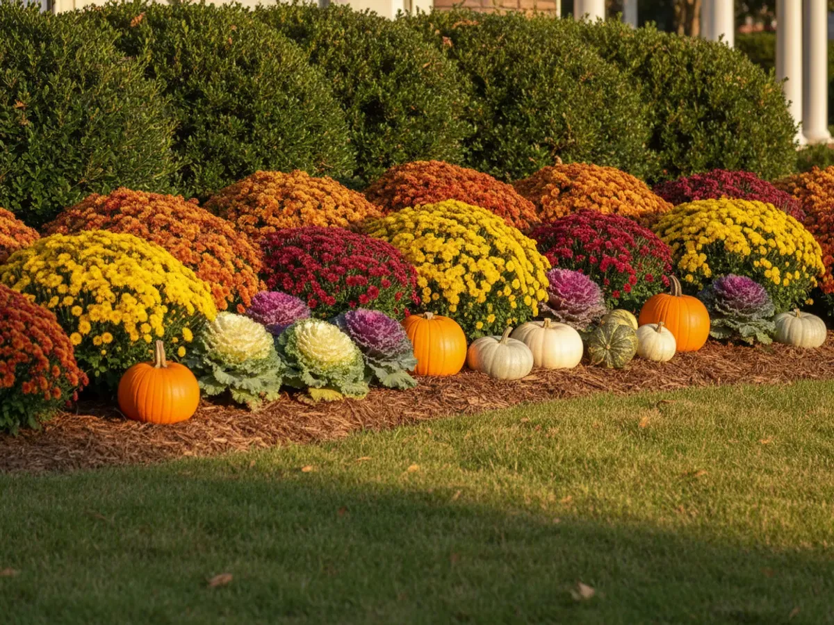 A seasonal color installation of autumn mums and shrubs