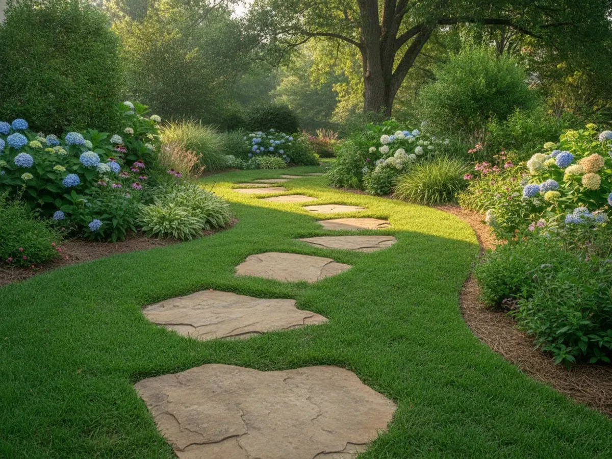 Natural flagstone stepping stones through a garden bed