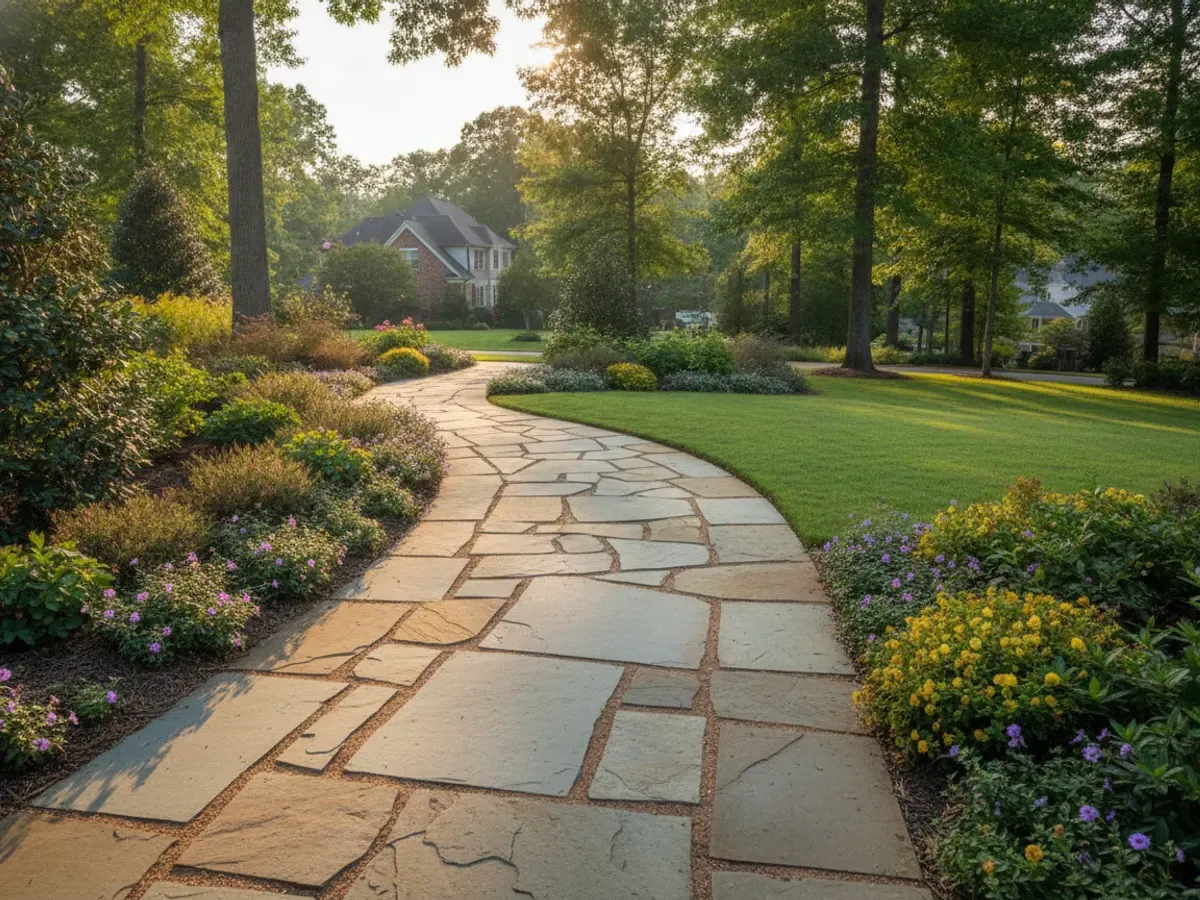 An irregular natural flagstone walkway with tight sand-swept joints winding through a landscaped garden