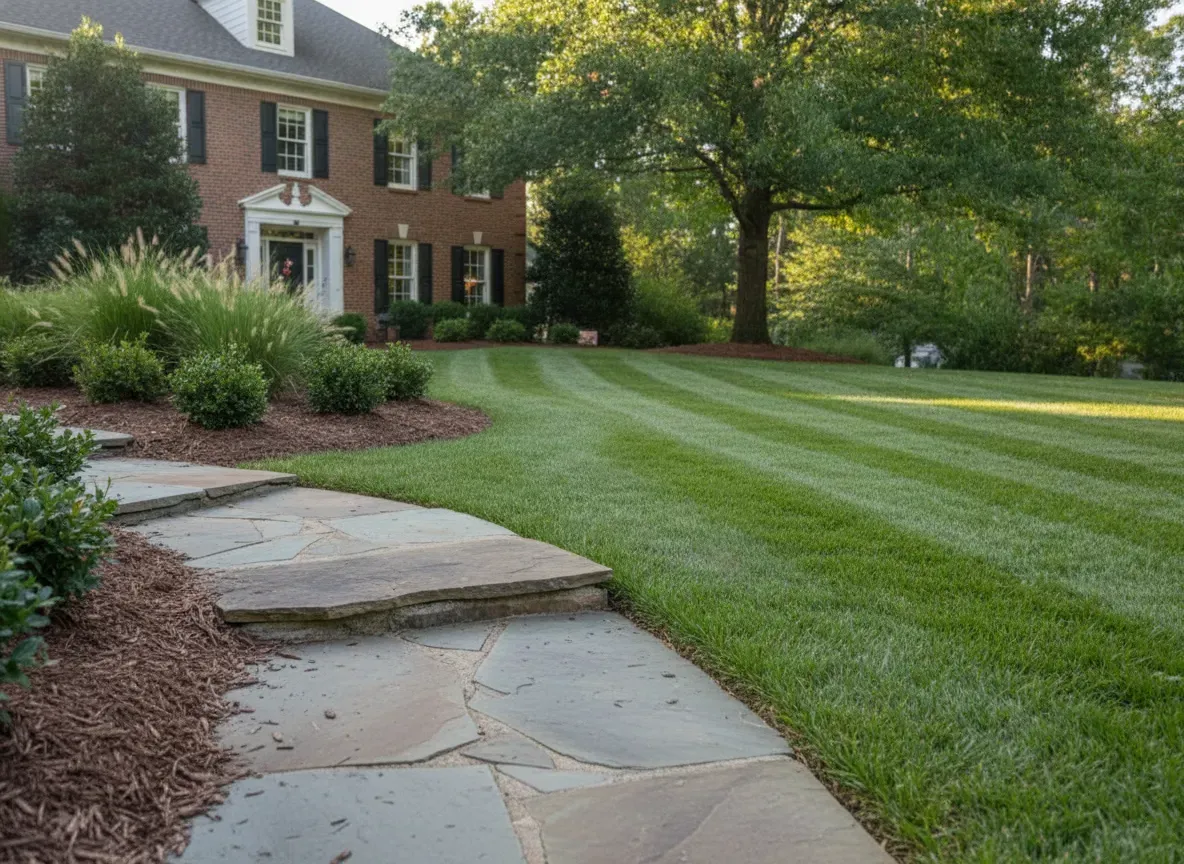 A freshly edged, striped residential lawn kept by Atlanta Scapes crews