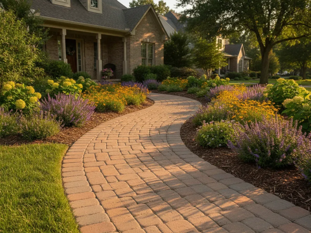 A paver walkway curving through a planted yard