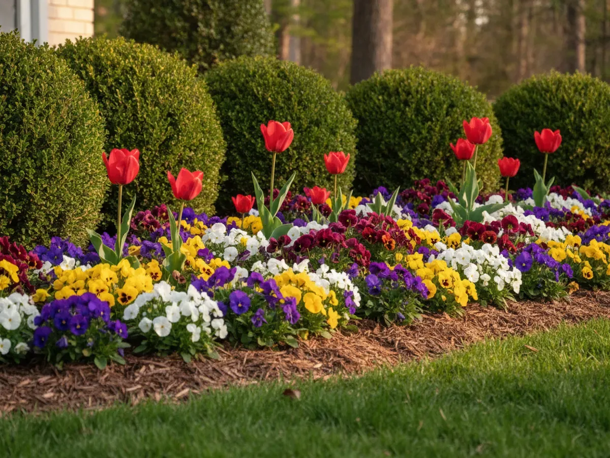 A spring planting bed of fresh seasonal color waking up for the growing season