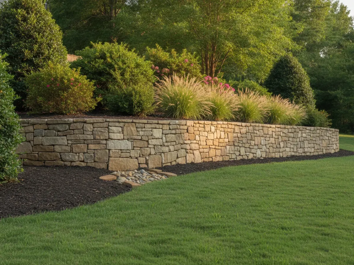 A natural-stone retaining wall on a sloped metro Atlanta lot