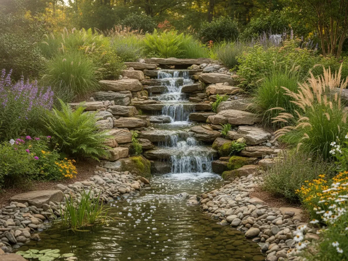 A residential garden waterfall set into layered planting